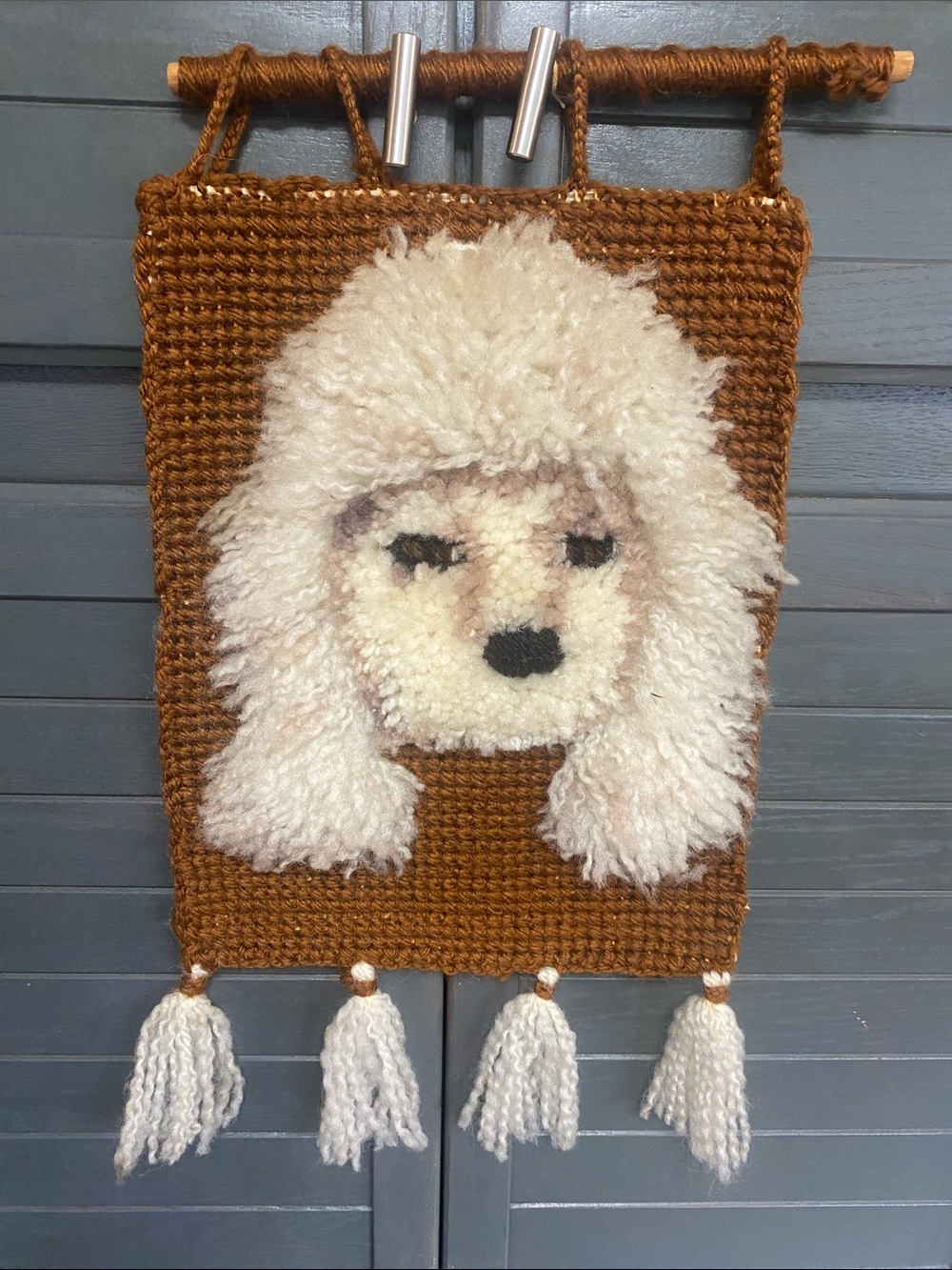 Vintage Handmade Brown & Cream Poodle Latch Hook Wall Hanging